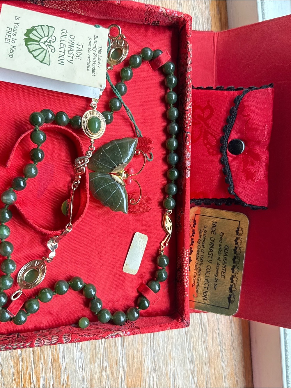 Jade Green Beaded Necklace with Carved Leaf Pendant by Jade